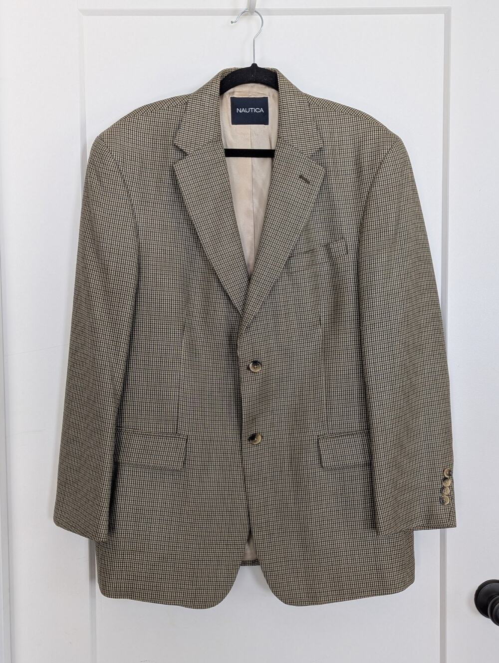 Nautica Mens 42R Brown Houndstooth Blazer Sport Coat Jacket Career Silk Wool